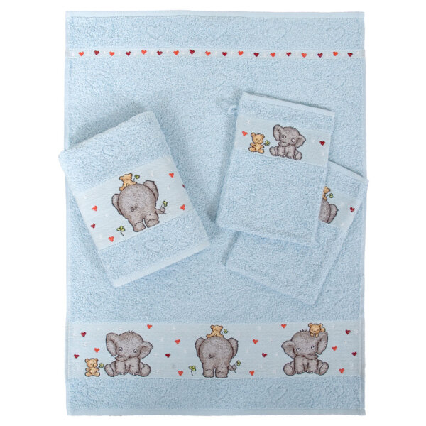 Kinderfrottierserie Elefant blau Waschhandschuh (16 x 21 cm)